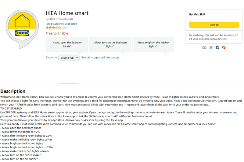 Alexa-Sprachbefehle zur Steuerung der IKEA Leuchten werden übersichtlich dargestellt.